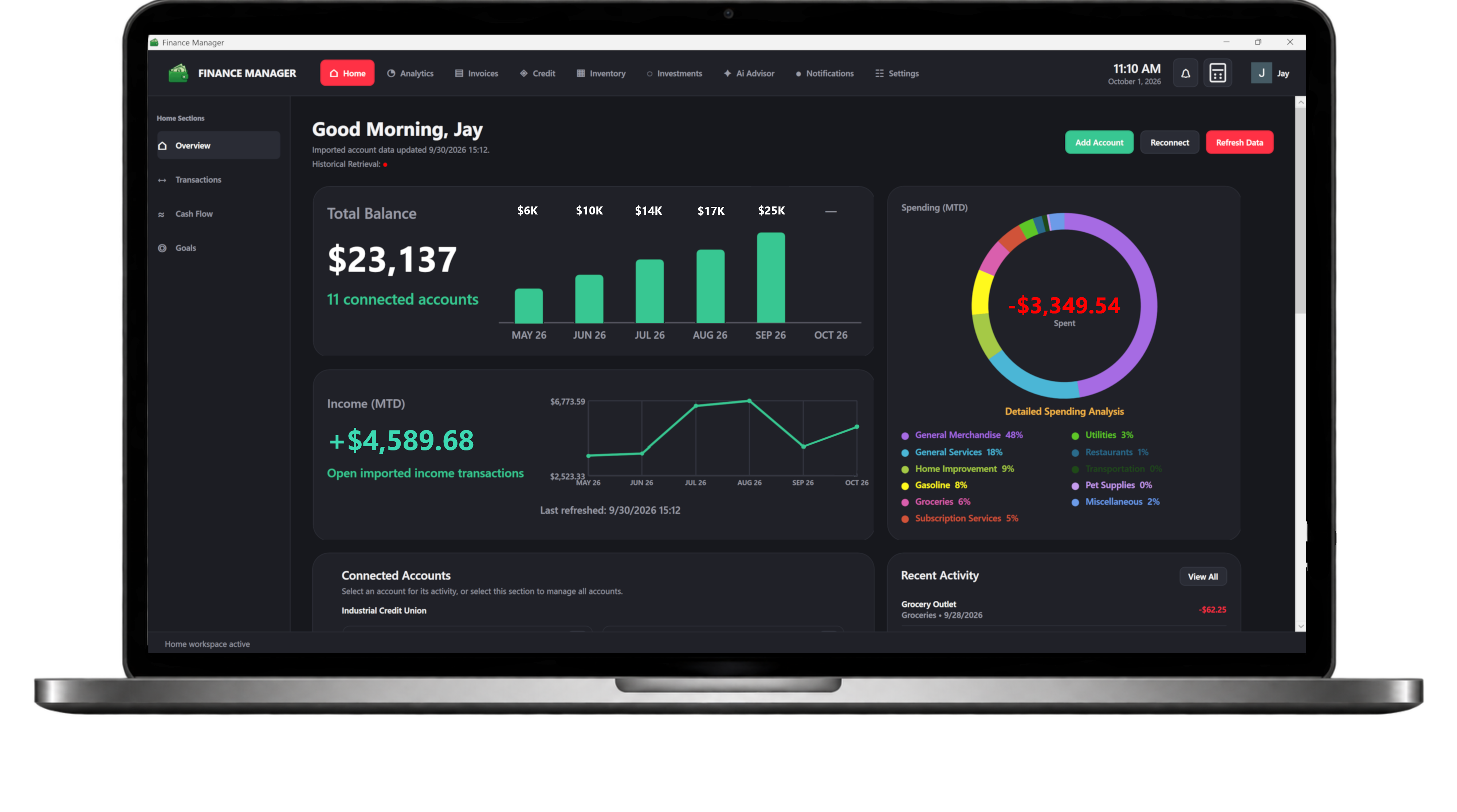 Finance Manager dashboard displayed on a laptop